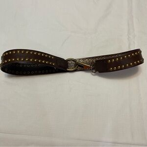 Brass Stud Embellished Womens Boho Brown Leather Belt With Snap Closure
